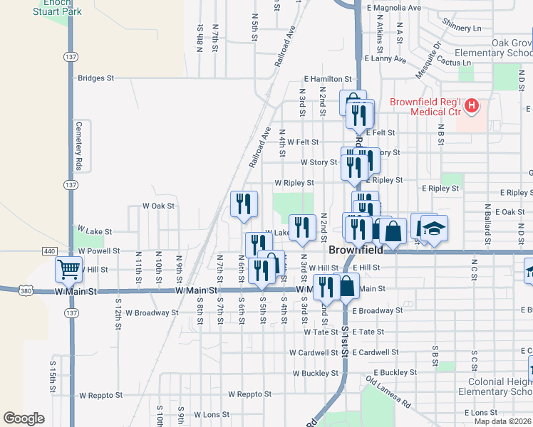 map of restaurants, bars, coffee shops, grocery stores, and more near 502 North 5th Street in Brownfield