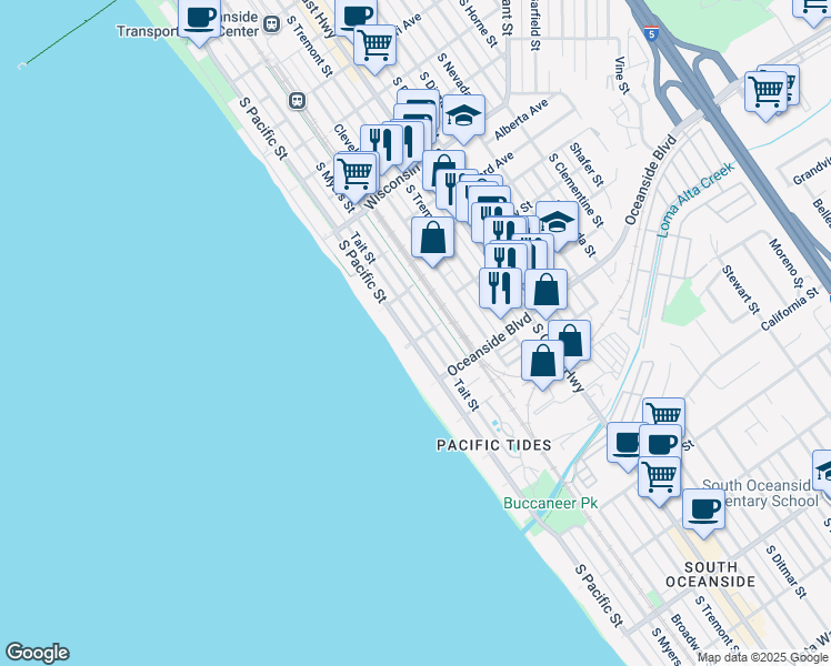 map of restaurants, bars, coffee shops, grocery stores, and more near 1036 South Pacific Street in Oceanside