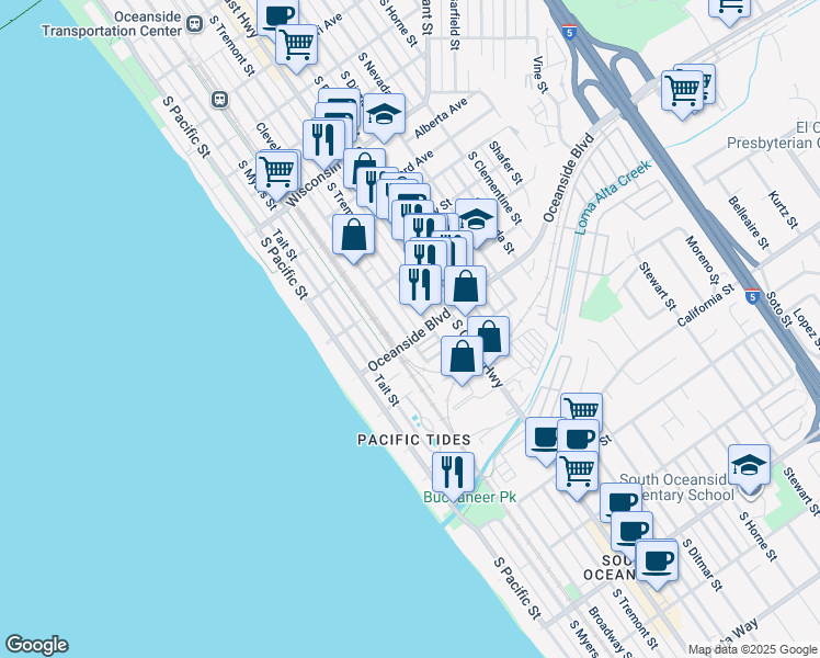 map of restaurants, bars, coffee shops, grocery stores, and more near 302 Oceanside Boulevard in Oceanside