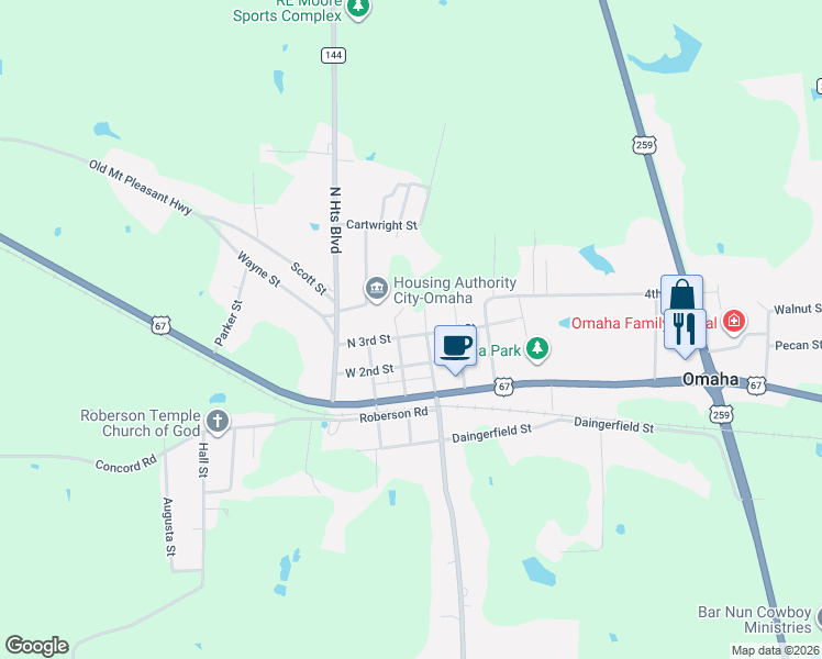 map of restaurants, bars, coffee shops, grocery stores, and more near 103 West 3rd Street in Omaha