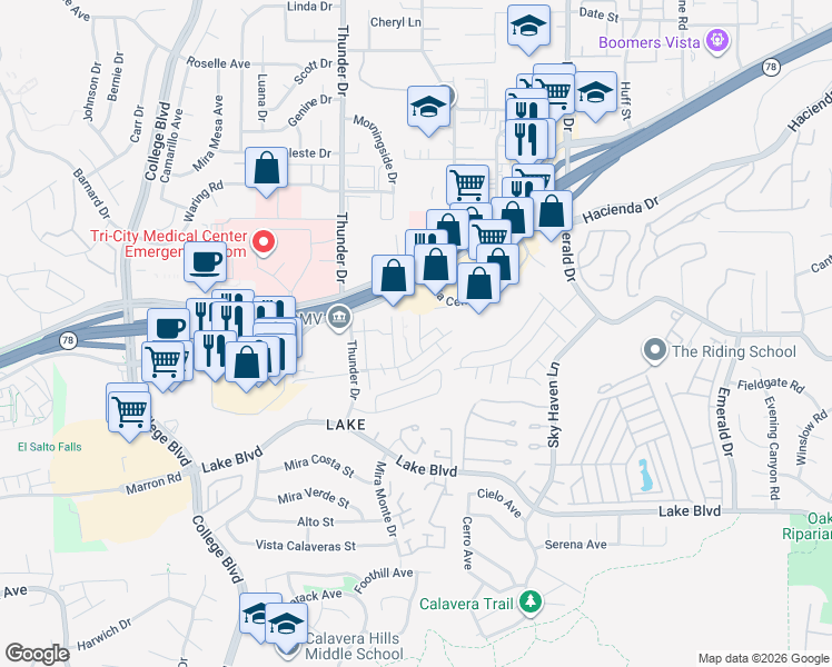 map of restaurants, bars, coffee shops, grocery stores, and more near 3438 Los Mochis Way in Oceanside