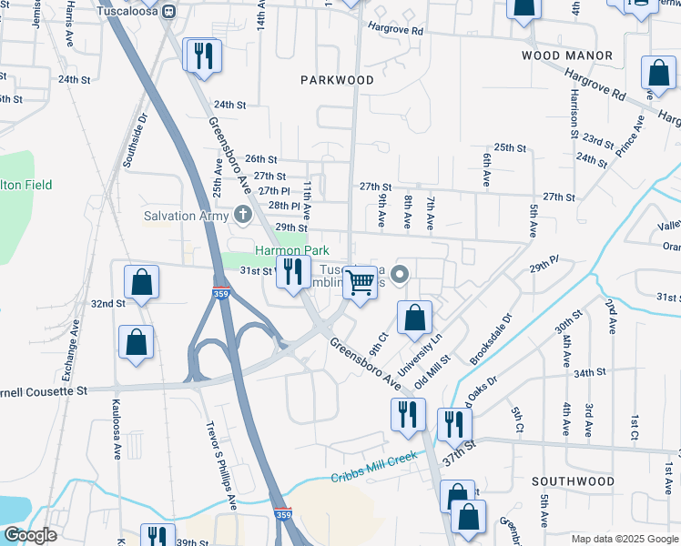 map of restaurants, bars, coffee shops, grocery stores, and more near 1004 31st Street East in Tuscaloosa