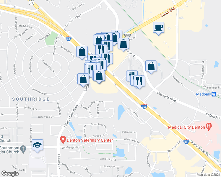 map of restaurants, bars, coffee shops, grocery stores, and more near 2438 South Interstate 35 East in Denton