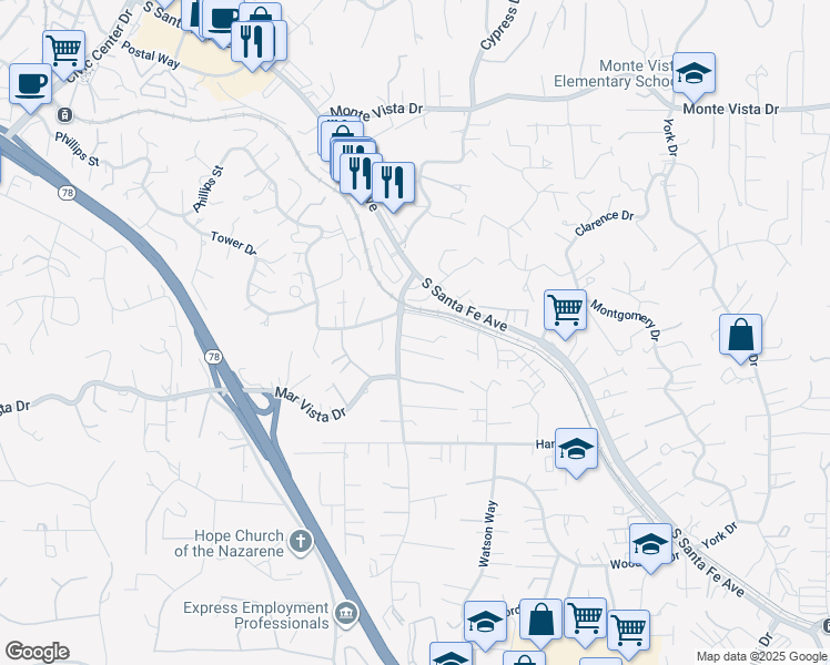 map of restaurants, bars, coffee shops, grocery stores, and more near 156 Zember Court in Vista