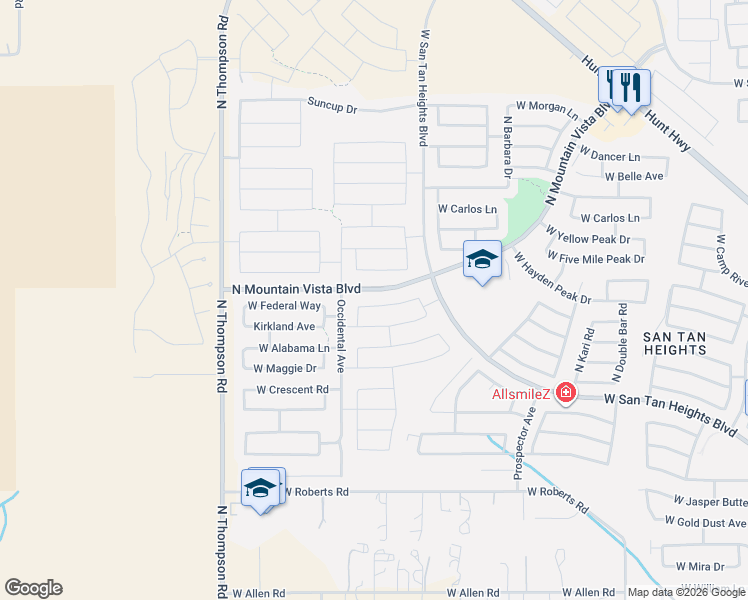 map of restaurants, bars, coffee shops, grocery stores, and more near 4122 West Federal Way in Queen Creek