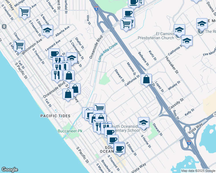map of restaurants, bars, coffee shops, grocery stores, and more near 1421 Marshall Street in Oceanside