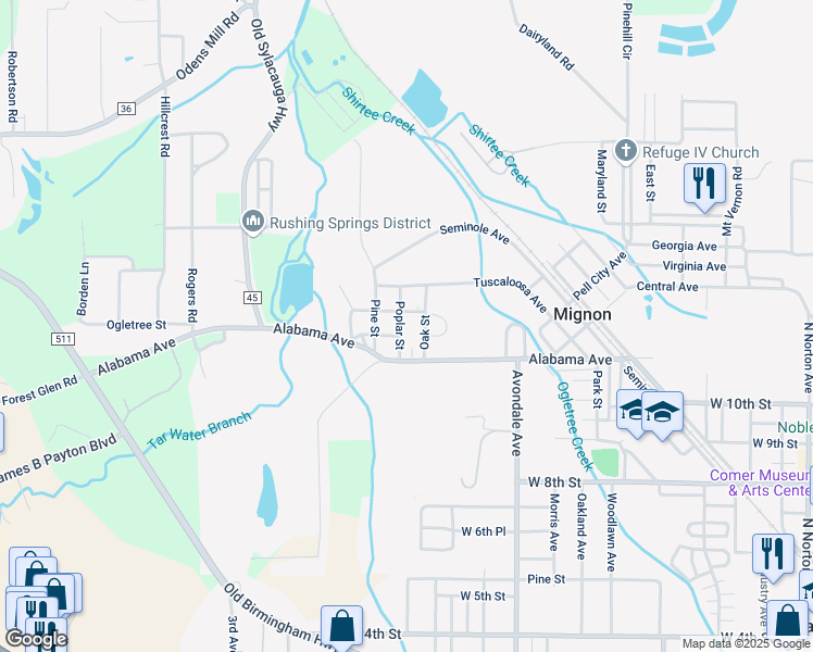 map of restaurants, bars, coffee shops, grocery stores, and more near 210 Pine Street in Sylacauga