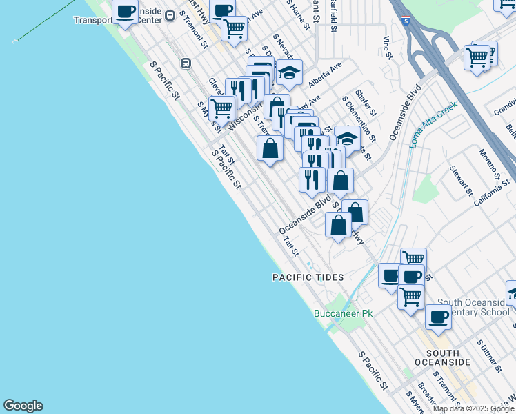 map of restaurants, bars, coffee shops, grocery stores, and more near 1036 South Pacific Street in Oceanside