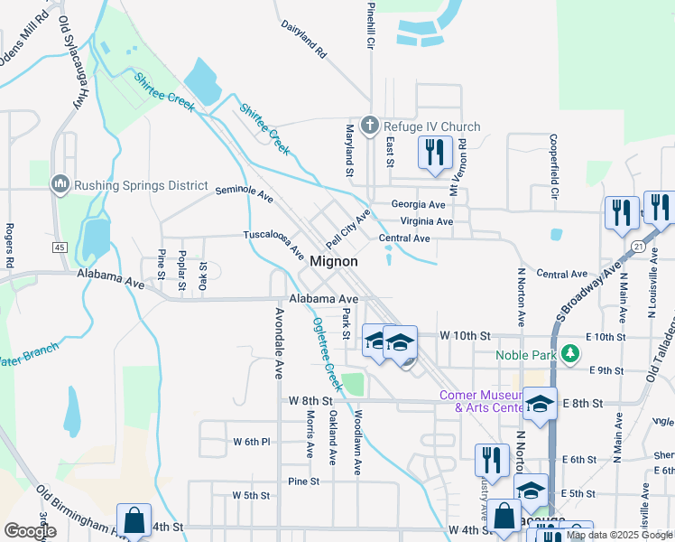 map of restaurants, bars, coffee shops, grocery stores, and more near Seminole Avenue in Sylacauga