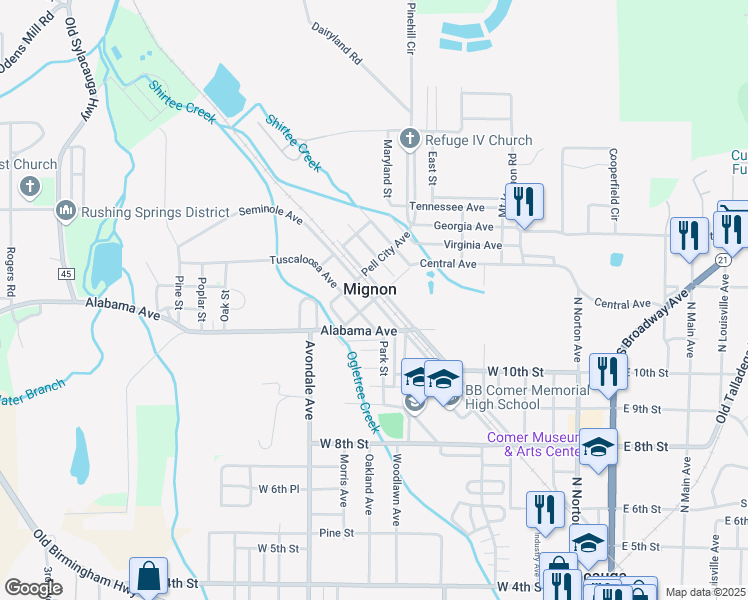 map of restaurants, bars, coffee shops, grocery stores, and more near Seminole Avenue in Sylacauga