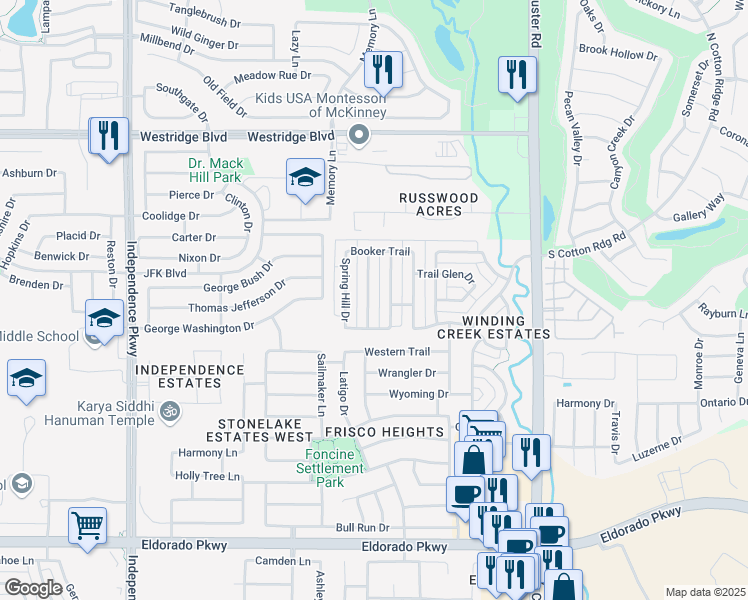 map of restaurants, bars, coffee shops, grocery stores, and more near 12856 Ridge Spring Drive in Frisco