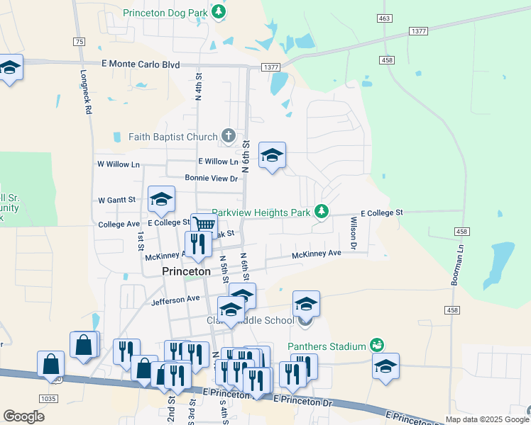 map of restaurants, bars, coffee shops, grocery stores, and more near 708 East College Street in Princeton