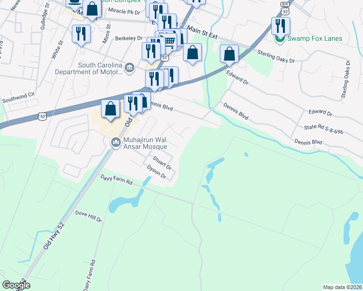 map of restaurants, bars, coffee shops, grocery stores, and more near 1115 Pickett Street in Moncks Corner
