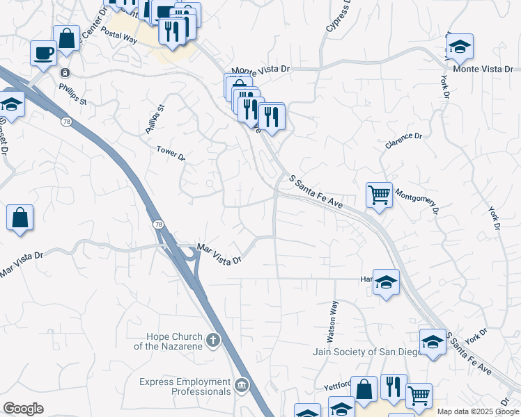 map of restaurants, bars, coffee shops, grocery stores, and more near 1451 Phillips Street in Vista