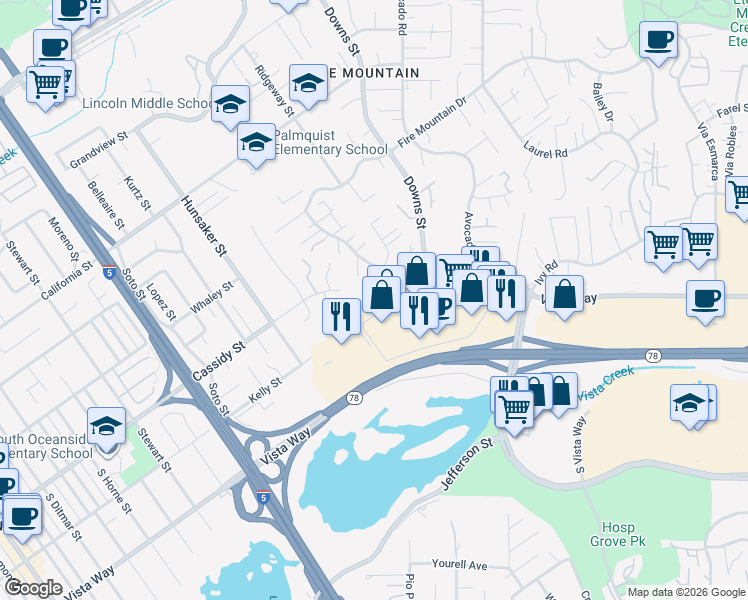 map of restaurants, bars, coffee shops, grocery stores, and more near 1857 Magnolia Court in Oceanside