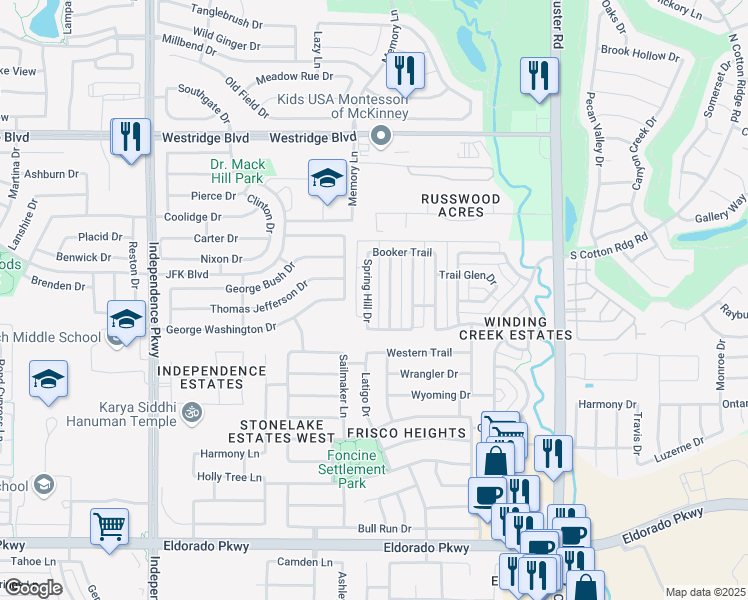 map of restaurants, bars, coffee shops, grocery stores, and more near 12844 Spring Hill Drive in Frisco