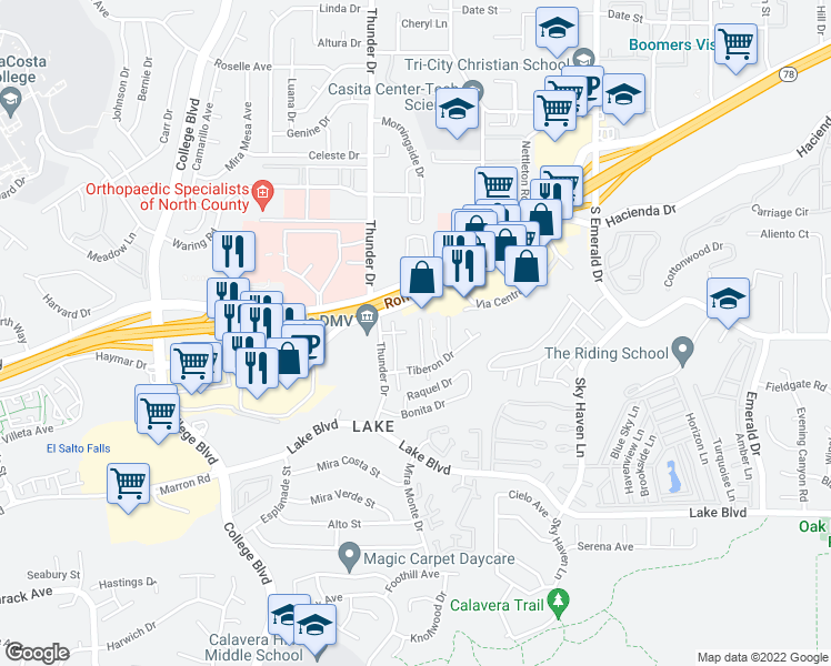 map of restaurants, bars, coffee shops, grocery stores, and more near 3422 Sea Breeze Walk in Oceanside