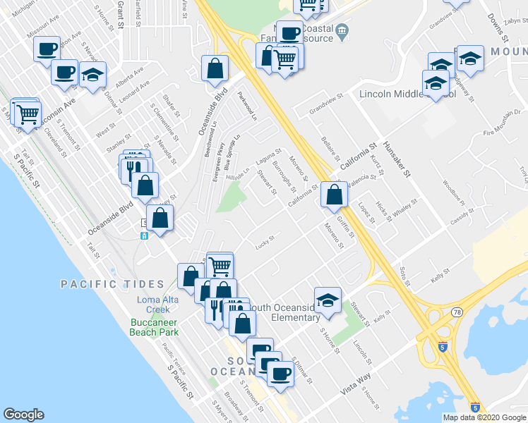 map of restaurants, bars, coffee shops, grocery stores, and more near 1111 Camelia Street in Oceanside