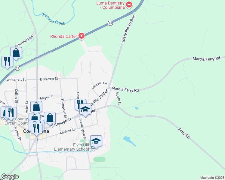 map of restaurants, bars, coffee shops, grocery stores, and more near 115 Myrtle Street in Columbiana