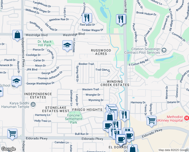 map of restaurants, bars, coffee shops, grocery stores, and more near 12864 Brook Ridge Drive in Frisco