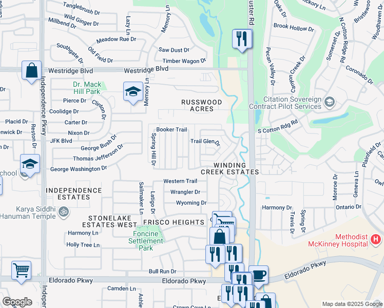 map of restaurants, bars, coffee shops, grocery stores, and more near 12864 Brook Ridge Drive in Frisco