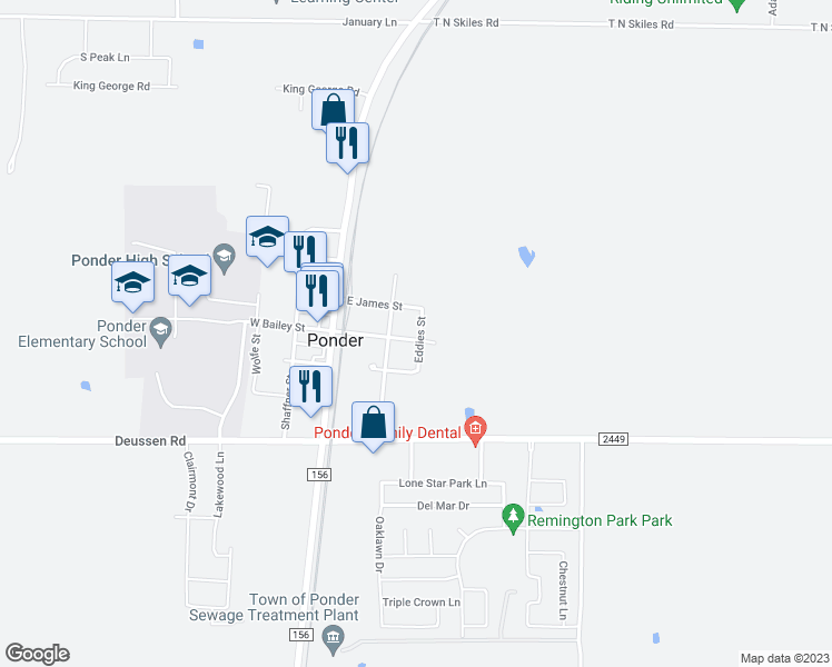 map of restaurants, bars, coffee shops, grocery stores, and more near 206 East Bailey Street in Ponder