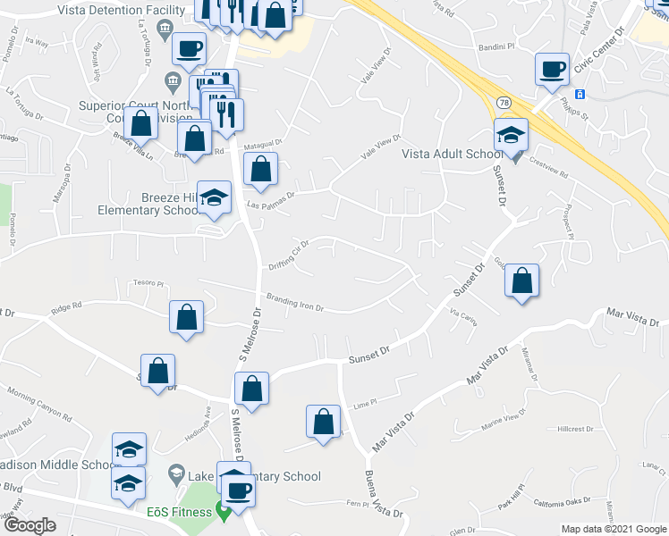 map of restaurants, bars, coffee shops, grocery stores, and more near 760 Rocking Horse Road in Vista
