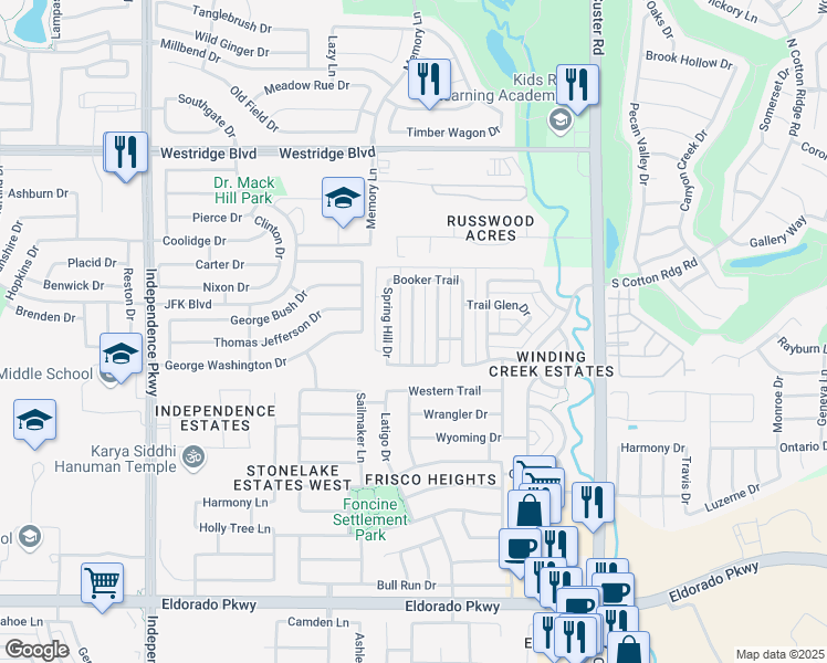 map of restaurants, bars, coffee shops, grocery stores, and more near 12856 Ridge Spring Drive in Frisco