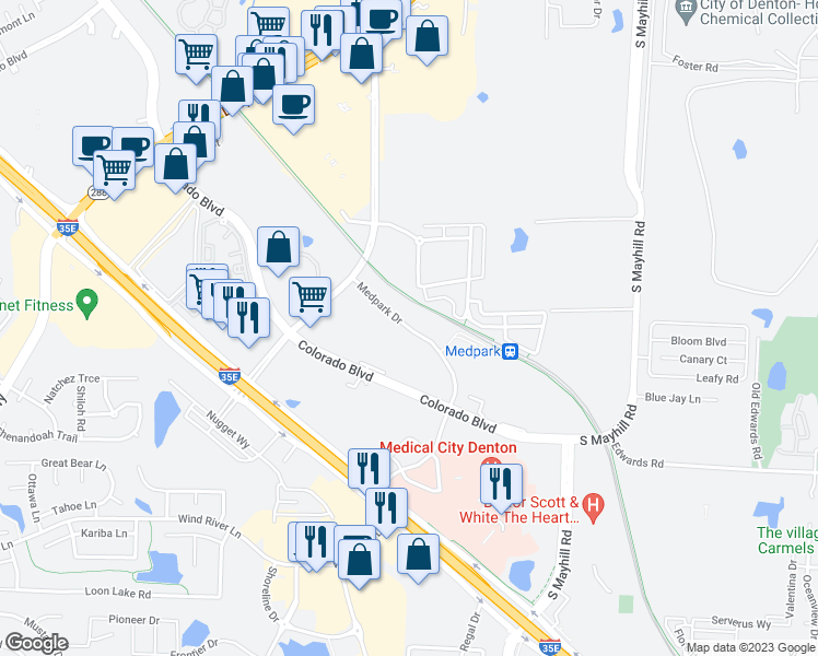map of restaurants, bars, coffee shops, grocery stores, and more near Medpark Drive in Denton