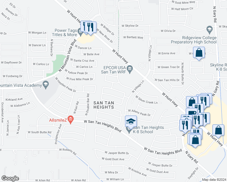 map of restaurants, bars, coffee shops, grocery stores, and more near 2801 West Silver Creek Lane in Queen Creek