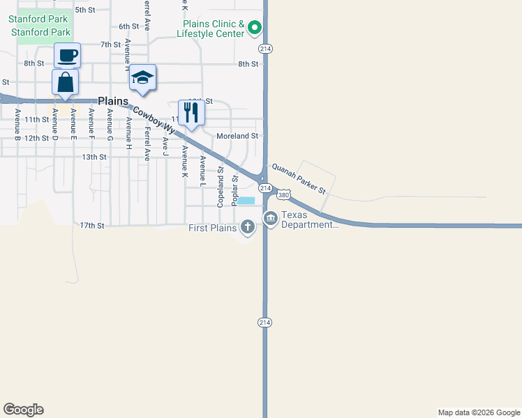 map of restaurants, bars, coffee shops, grocery stores, and more near 1407 16th Street in Plains