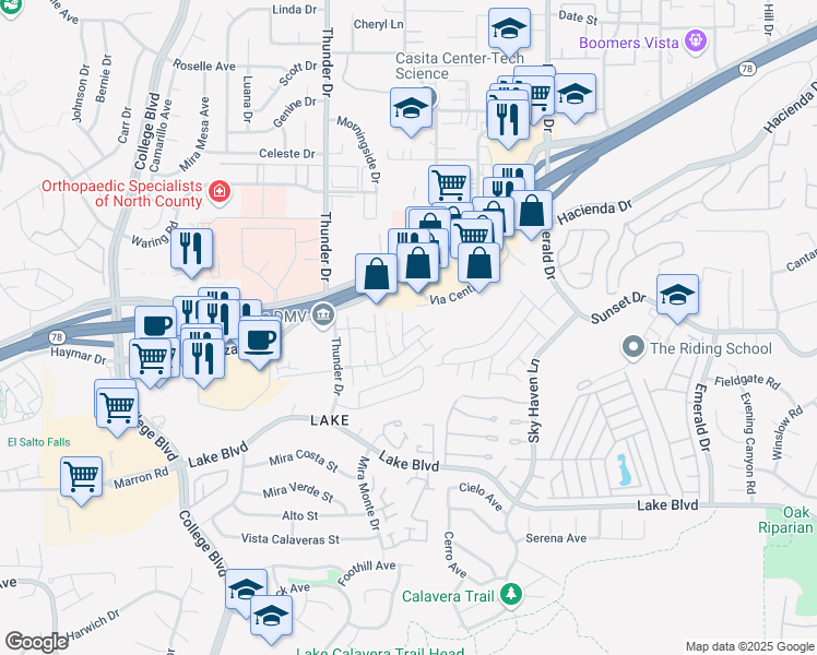 map of restaurants, bars, coffee shops, grocery stores, and more near 3421 Del Este Way in Oceanside