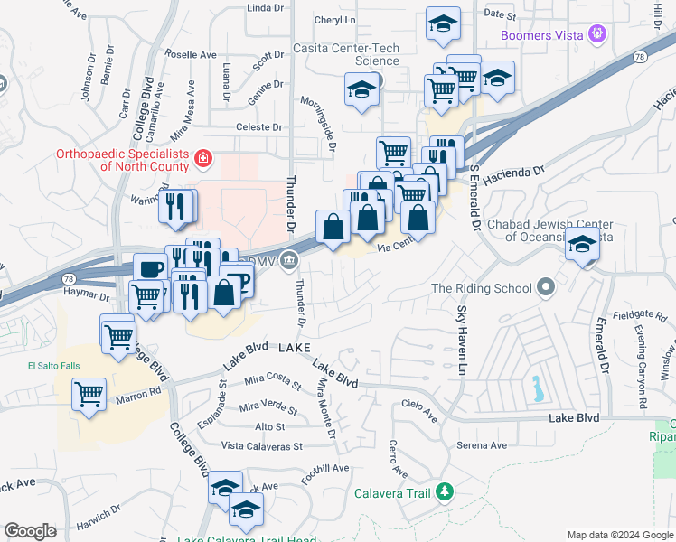 map of restaurants, bars, coffee shops, grocery stores, and more near 3427 Los Mochis Way in Oceanside