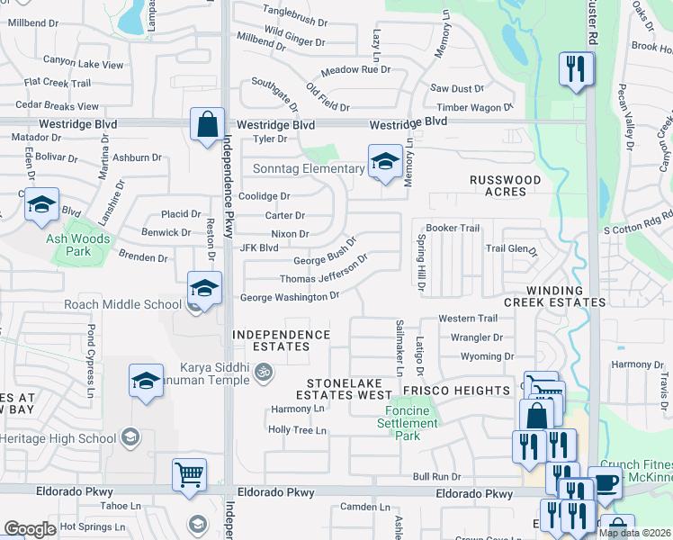 map of restaurants, bars, coffee shops, grocery stores, and more near 9812 Thomas Jefferson Drive in McKinney