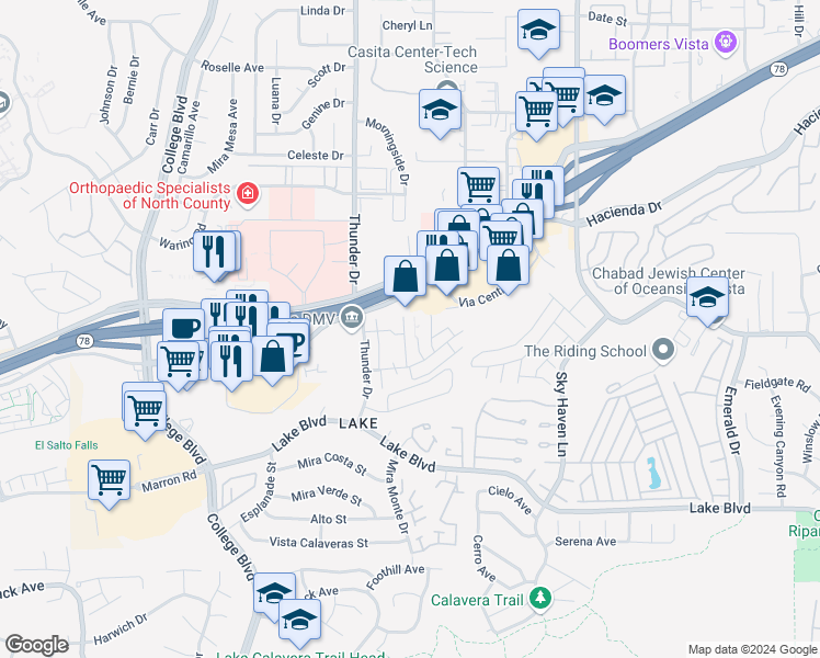 map of restaurants, bars, coffee shops, grocery stores, and more near 3434 Seabreeze Walk in Oceanside