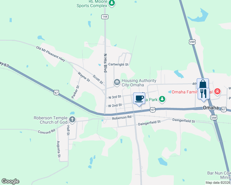 map of restaurants, bars, coffee shops, grocery stores, and more near 203 West 3rd Street in Omaha