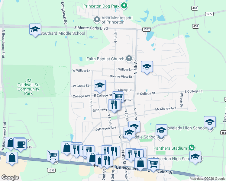 map of restaurants, bars, coffee shops, grocery stores, and more near 912 North 4th Street in Princeton