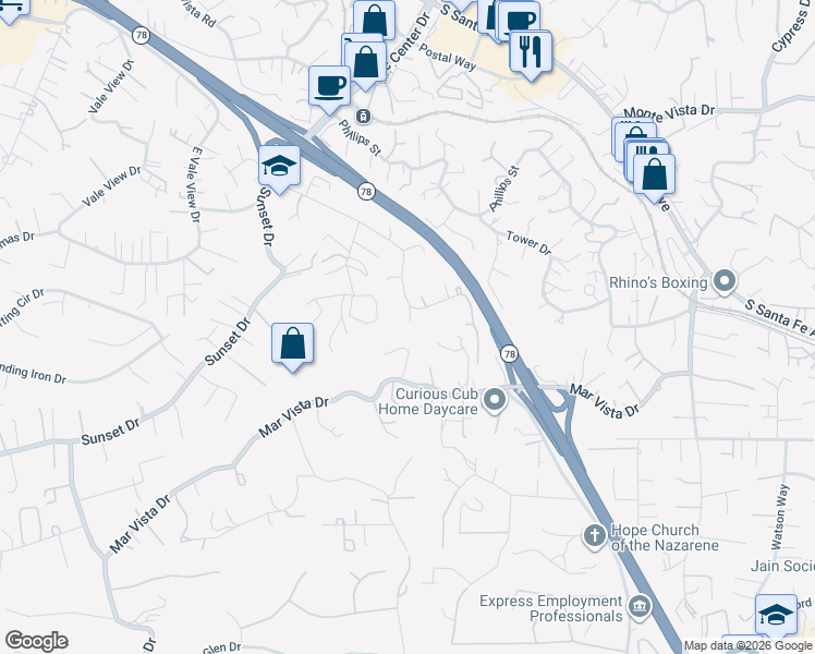 map of restaurants, bars, coffee shops, grocery stores, and more near 1051 Crest View Road in Vista