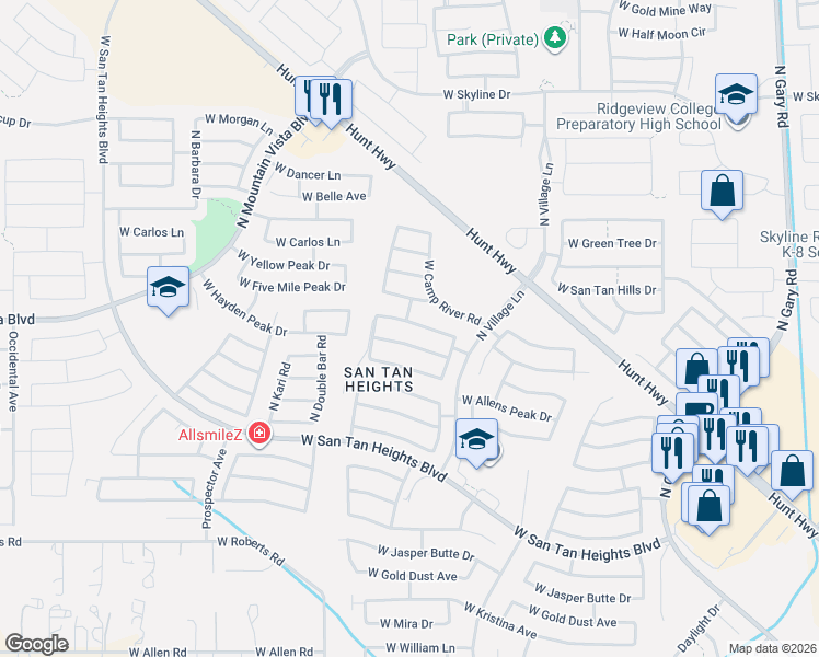 map of restaurants, bars, coffee shops, grocery stores, and more near 2880 West Hayden Peak Drive in Queen Creek