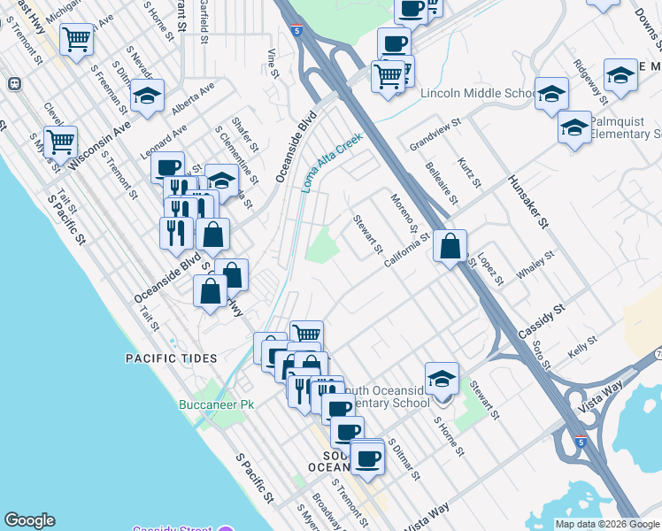 map of restaurants, bars, coffee shops, grocery stores, and more near 1417 Marshall Street in Oceanside