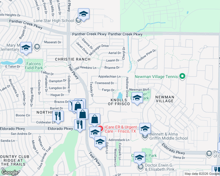 map of restaurants, bars, coffee shops, grocery stores, and more near 3048 Fargo Drive in Frisco
