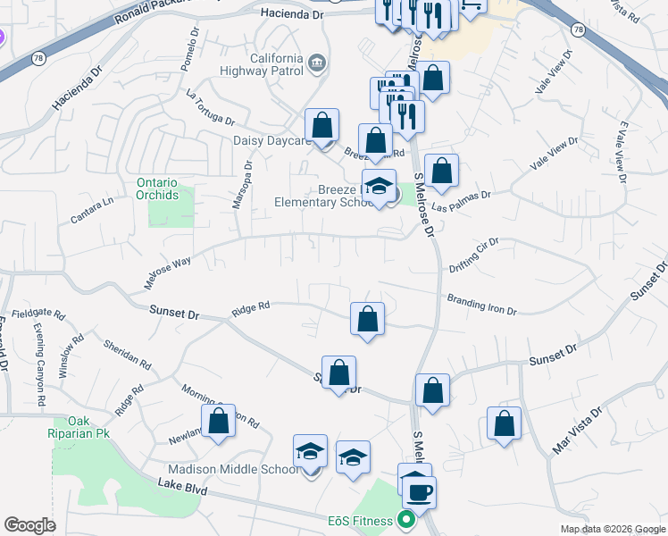 map of restaurants, bars, coffee shops, grocery stores, and more near 1244 Melrose Way in Vista
