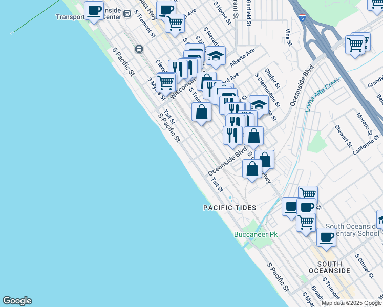 map of restaurants, bars, coffee shops, grocery stores, and more near 1036 South Pacific Street in Oceanside