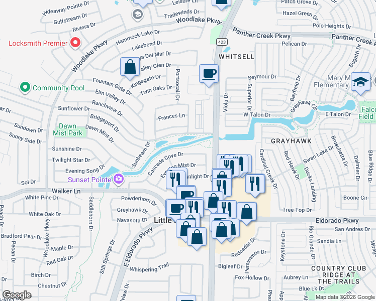 map of restaurants, bars, coffee shops, grocery stores, and more near 2841 Cascade Cove Dr in Little Elm