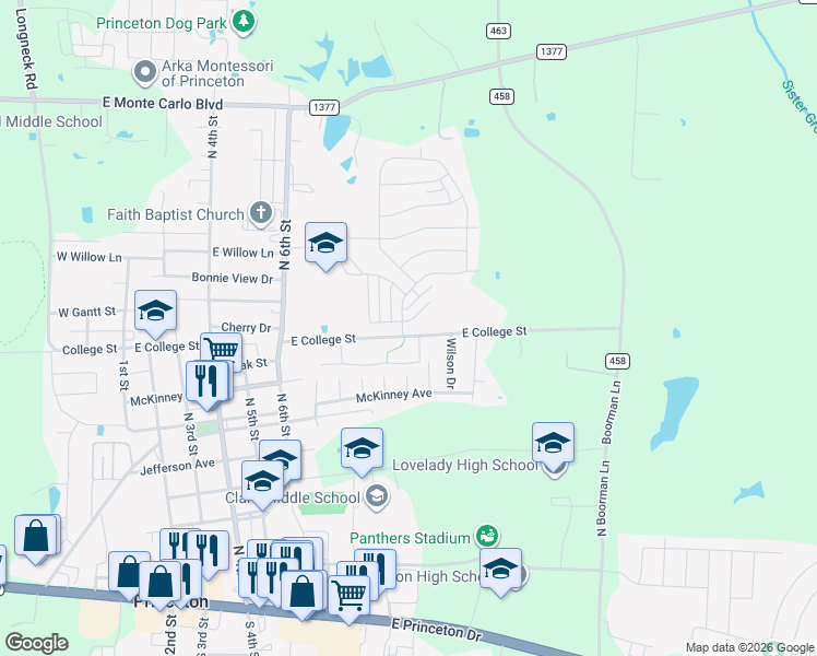 map of restaurants, bars, coffee shops, grocery stores, and more near 1101 Parkway Trail in Princeton