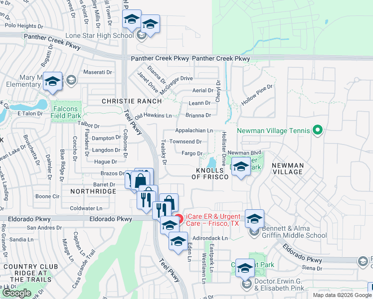 map of restaurants, bars, coffee shops, grocery stores, and more near 3048 Fargo Drive in Frisco