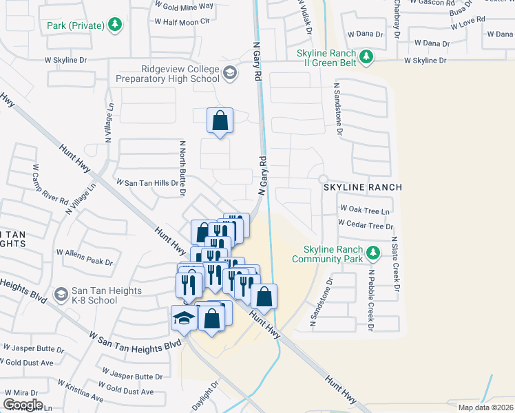 map of restaurants, bars, coffee shops, grocery stores, and more near North Gary Road in San Tan Valley
