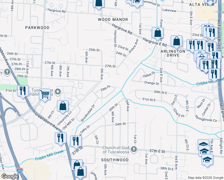 map of restaurants, bars, coffee shops, grocery stores, and more near 421 Brooksdale Drive in Tuscaloosa