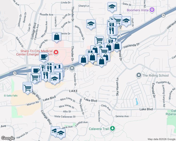 map of restaurants, bars, coffee shops, grocery stores, and more near 3425 Del Este Way in Oceanside