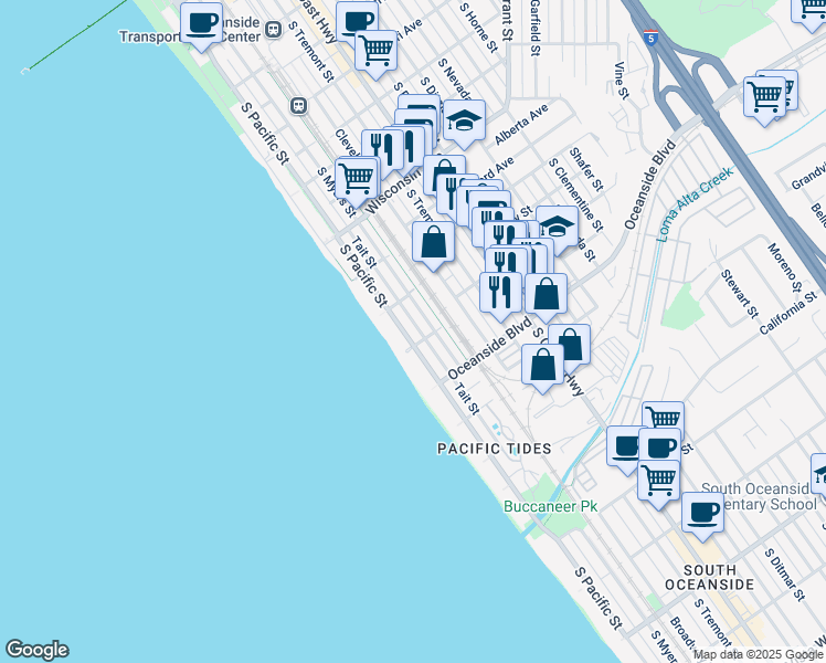 map of restaurants, bars, coffee shops, grocery stores, and more near 1036 South Pacific Street in Oceanside